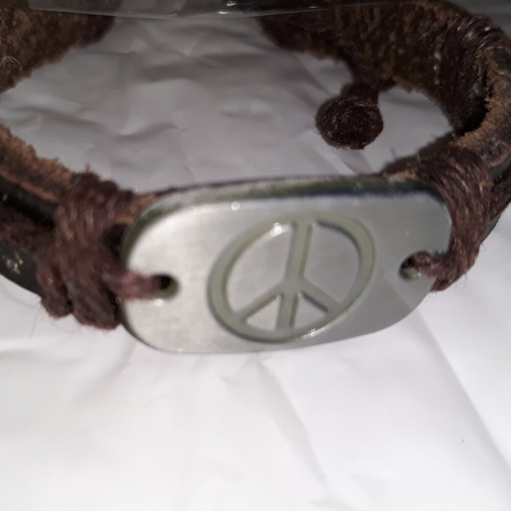 Leather Drawstring Bracelet (1) Dark Brown Peace Sign Adjustable tie close NEW
